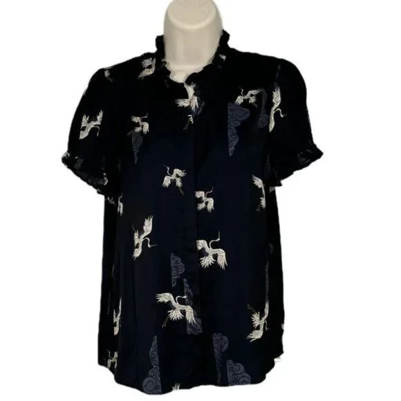 T Tahari Crane Print Black Ruffle Short Sleeve Blouse Small - Picture 2 of 8